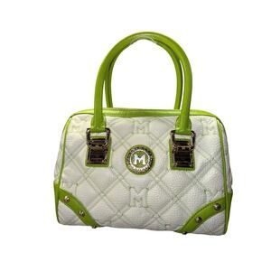 Metrocity Italy White Lime Green Quilted Leather Satchel Handbag Gold Hardware